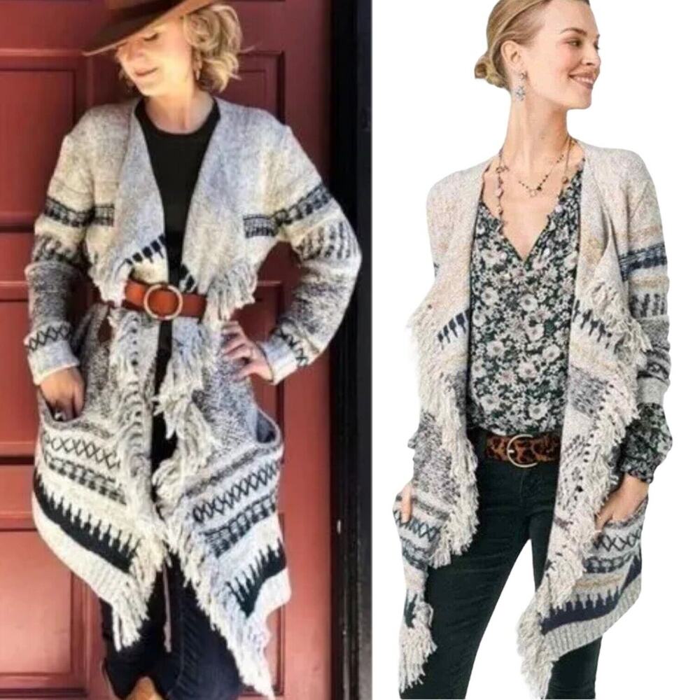 CAbi Fringe Tassel Shetland Cardigan Waterfall Collar Southwestern Aztec Green